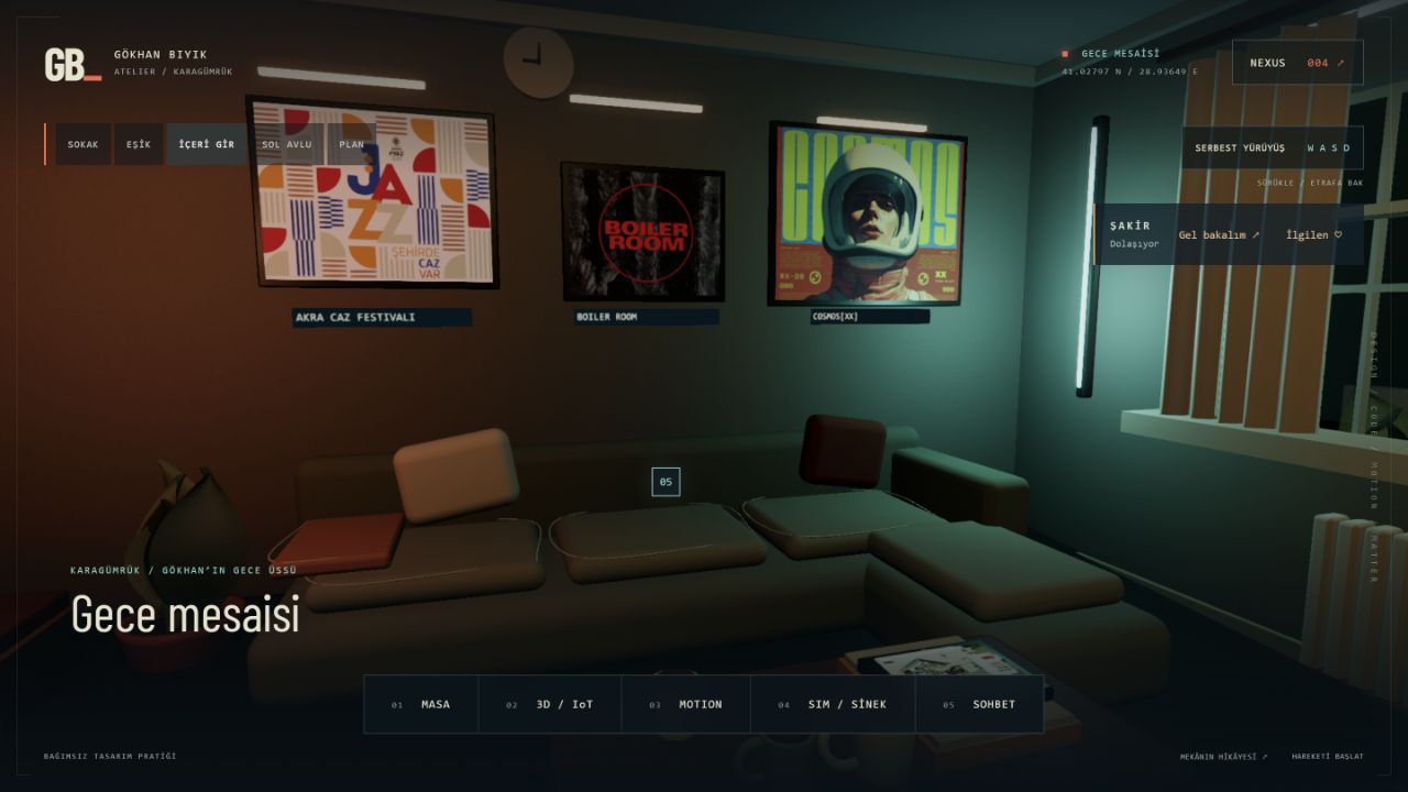 Karagümrük gece atölyesinin Three.js ile kurulmuş gezilebilir 3D sahnesi: sarı sokak lambası, kapı eşiği ve masa